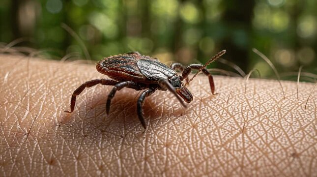 Tick crawling skin, macro closeup forest parasite brown legs, green blur backdrop. Tick bite disease concept, tiny pest danger outdoor risk. Tick crawling skin care