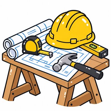 建築現場で使用される設計図と作業道具のイラストセット