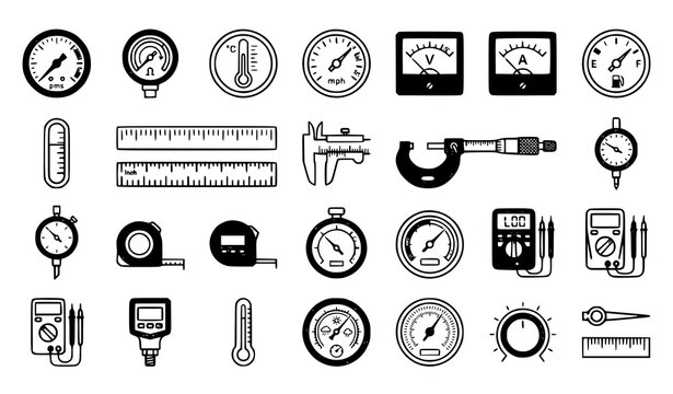 Precision Measurement Instrument Icon Collection, Technical Dials, Scales, Meters and Indicators in Minimal Line Vector Style