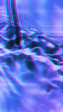 Abstract blue and purple water glitch with chromatic aberration and vertical rainbow scanline distortion on dark background. Lives in an Edgy Cyberpunk Campaign Poster Background.