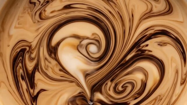 Swirling coffee and chocolate pattern with marbled liquid textures in motion