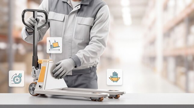 Warehouse worker operating a manual pallet jack with safety instruction icons in a facility