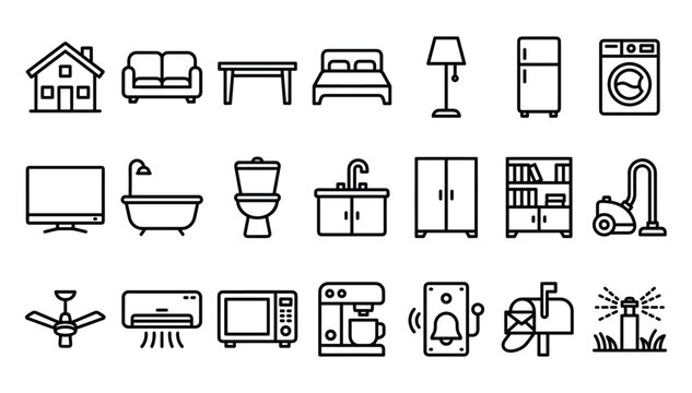 Comprehensive home appliances and household furniture thin line icon collection for real estate and interior design projects