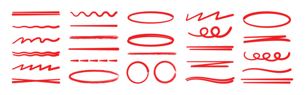 Abstract red marker and brush strokes set, hand drawn underline and scribble texture elements, grunge graffiti art lines and curves for graphic design, Text dividers.  vector illustration.