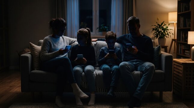 Family screen addiction in dark living room, parents and children addicted to smartphones at night, modern digital technology overuse concept