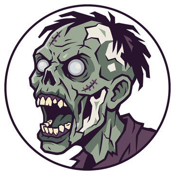 Flat vector illustration of a terrifying undead zombie ghoul with an open screaming jaw and rotting skin for Halloween assets.