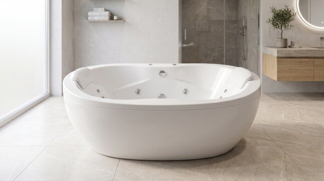 Modern white whirlpool bathtub in luxury bathroom interior, freestanding hot tub jacuzzi for modern home spa design, elegant bathroom setup