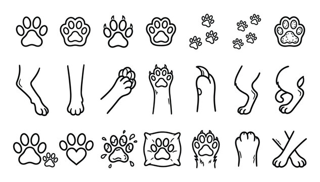 Comprehensive minimalist outline vector icon collection featuring animal paw prints domestic dog cat legs sharp claws and veterinary pet care elements