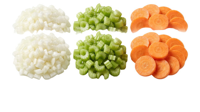 Chopped mirepoix vegetables on white background, fresh diced onions chopped celery and sliced orange carrots, raw vegetable ingredients for cooking prep