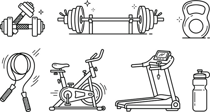 Fitness gym workout vector line icon set featuring dumbbells barbell kettlebell stationary bike treadmill jump rope and water bottle