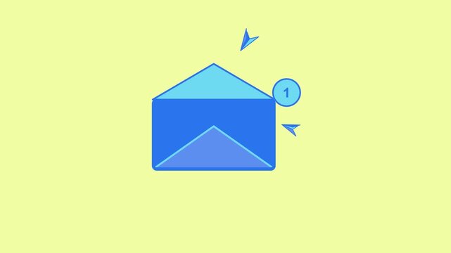 Minimalist blue envelope icon with notification and paper planes flying on yellow background for email marketing concept