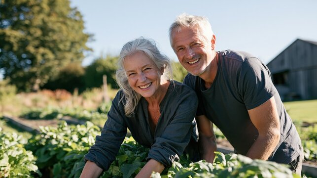 Smiling senior couple gardening in an organic vegetable garden outdoors for sustainable lifestyle background and wellness banner design