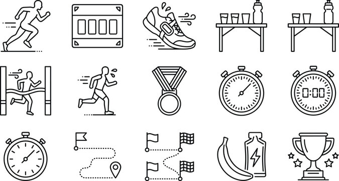 Marathon running and athletics vector line icon set featuring runners shoe medal stopwatch timer hydration trophy and race route