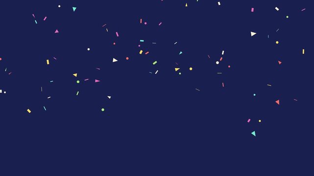 Festive colorful confetti explosion falling on dark blue background for celebration event