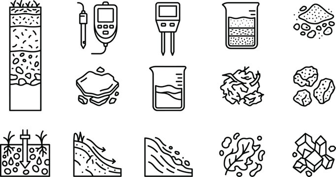 Soil profile layers and agricultural geology line icon set featuring testing meters laboratory beakers erosion landslide and compost textures