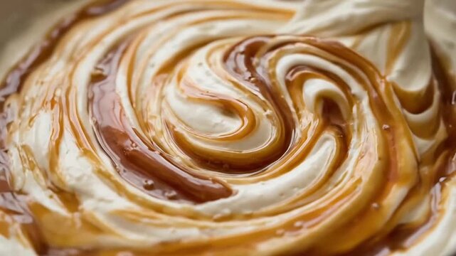 Delicious caramel and cream swirl being drizzled to create a visually appealing dessert