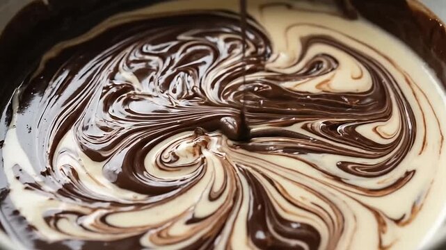Filling a mixing bowl with swirling chocolate and vanilla batter creating marbled dessert mixture