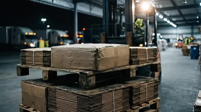 Nighttime Warehouse Scene with a forklift stacking flatten cardboard boxes in an industrial storage area