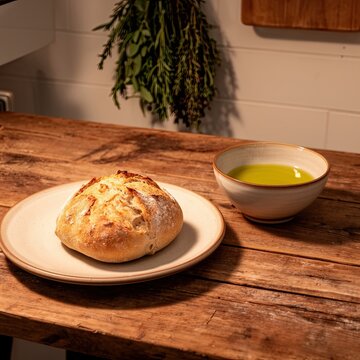 Fresh bread on rustic plate paired with olive oil in bowl creates warm culinary scene. Wooden table adds natural charm with greenery in background