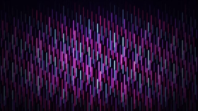 Abstract purple and blue glowing vertical audio equalizer lines moving on a dark background loop