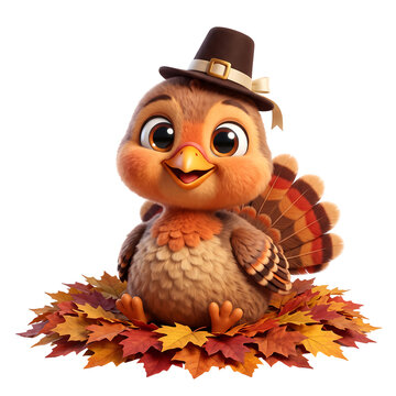 Cute cartoon turkey sitting on colorful autumn leaves transparent background