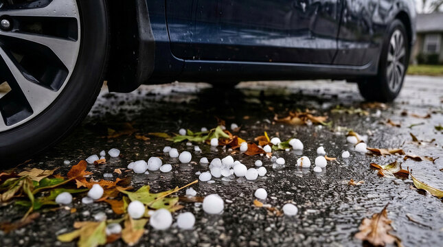 Large Hailstones on Wet Ground Next to Car Wheel