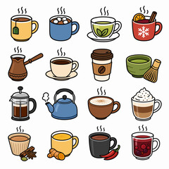 Fototapeta premium Collection of assorted hot beverage and coffee icons