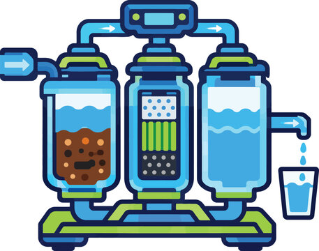 Water purification and filtration system stages flat vector icon