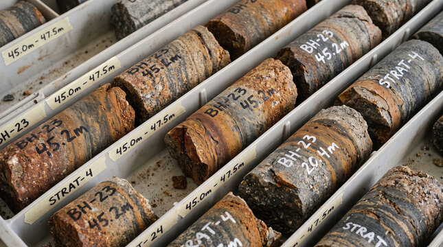 Labeled Geological Drill Cores Arranged in Storage Trays