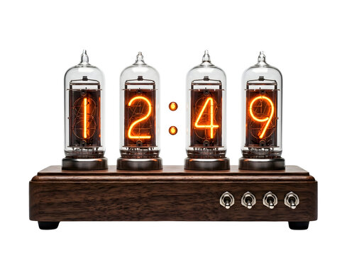 Vintage-style Nixie tube clock displaying time 12 49 with glowing orange numerals on wooden base.
