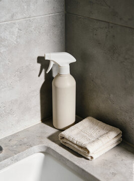 White trigger spray bottle on a gray marble bathroom countertop beside a folded off-white towel
