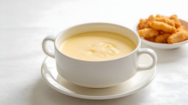 Creamy yellow soup in a white bowl with fried snacks on a white table