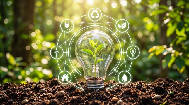 Sustainable Energy Concept with a Growing Plant Inside a Light Bulb Surrounded by Environmental Icons in Nature