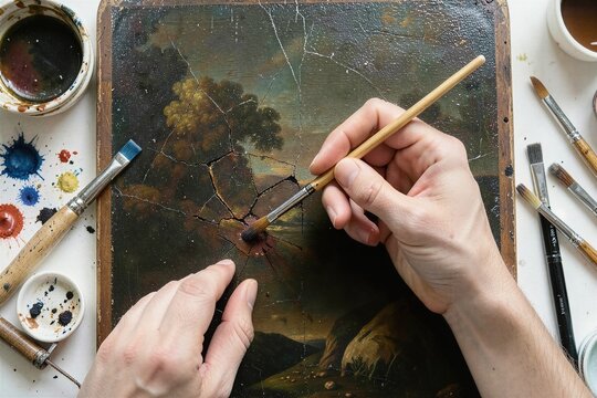 Professional Art Restorer Inpainting Cracks on Antique Oil Painting Canvas