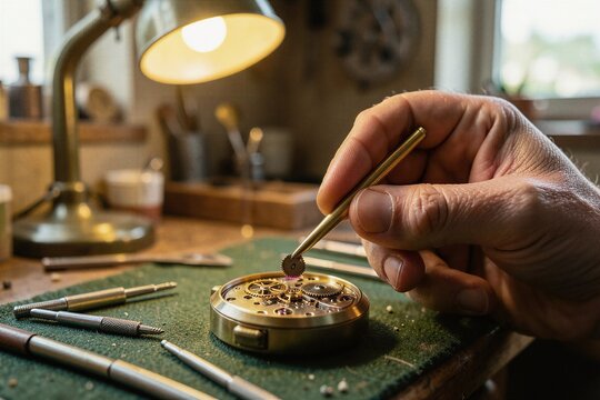 Professional Horologist Assembling Watch Movement Gears in Workshop