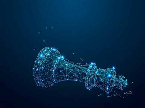 Fallen chess king in digital blue wireframe style on dark background