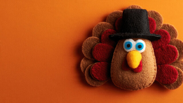 Festive felt turkey with top hat on a warm orange background for thanksgiving celebrations