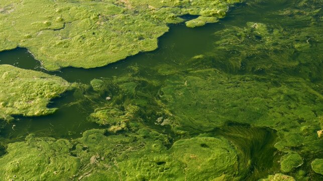 Dense algae mat floating on water surface showing algal bloom, eutrophication, nutrient pollution, and low oxygen conditions. Environmental degradation concept highlighting aquatic ecosystem imbalance