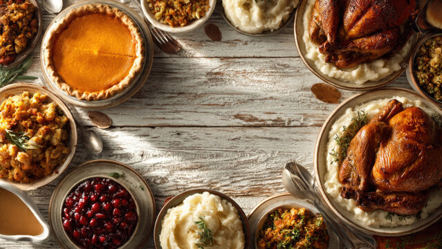 Thanksgiving feast overhead view with roasted turkey pumpkin pie and traditional side dishes