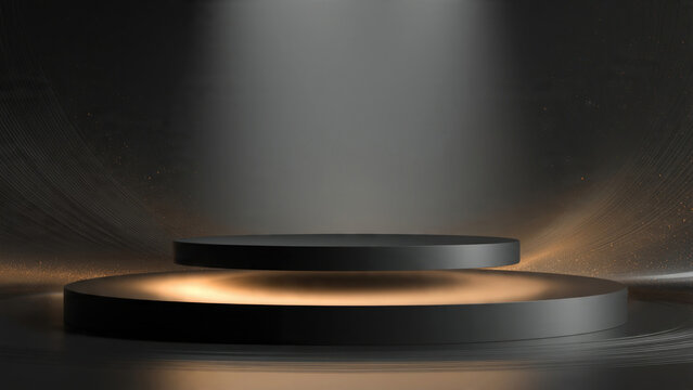 Black cylindrical podium with golden light and dark background for product presentation