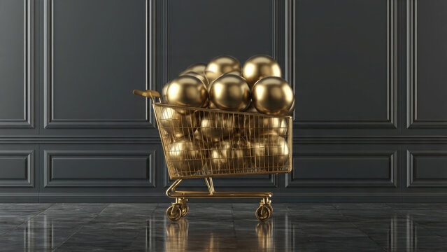 Golden shopping cart overflowing with shiny gold balloons against a dark paneled wall