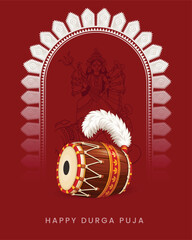 Happy Durga Puja greeting featuring a traditional Bengali dhak drum, ornate decorative arch, Durga silhouette, and rich red festive background. © Sam Shutter