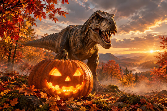 Fierce Tyrannosaurus Rex Behind Glowing Jack O Lantern in Autumn Landscape at Sunset