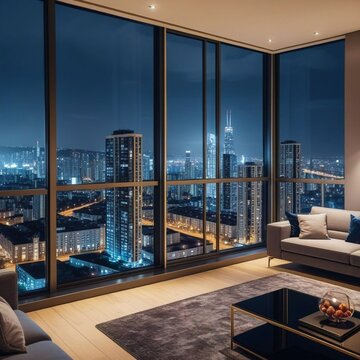 美しい都会の夜景が一望できる高級高層マンションのリビング背景素材