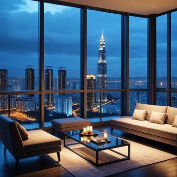美しい都会の夜景が一望できる高級高層マンションのリビング背景素材