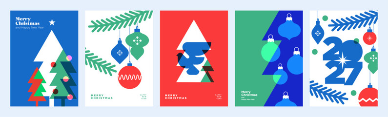 Obraz premium Merry Christmas and Happy New Year. Vector illustrations for holiday greeting card, poster, cover, website and social media banner, marketing material.