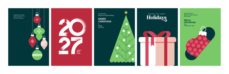 Obraz premium Merry Christmas and Happy New Year. Vector illustrations for holiday greeting card, poster, cover, website and social media banner, marketing material.