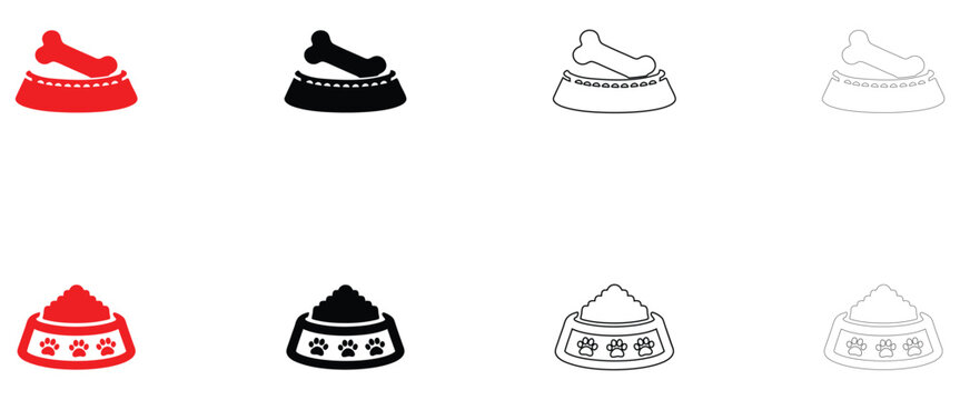 Pet food bowl icon vector, cat dog food bowl with paw symbol vector, silhouette and line art illustration