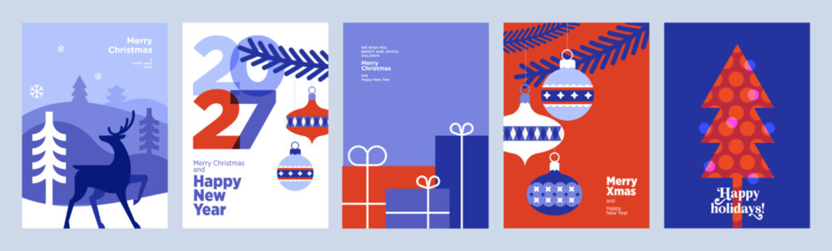 Merry Christmas and Happy New Year. Vector illustrations for holiday greeting card, poster, cover, website and social media banner, marketing material.