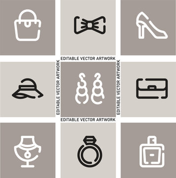  Minimalist fashion accessories icon set, luxury beauty line outline icons, modern lifestyle vector graphics for web UI